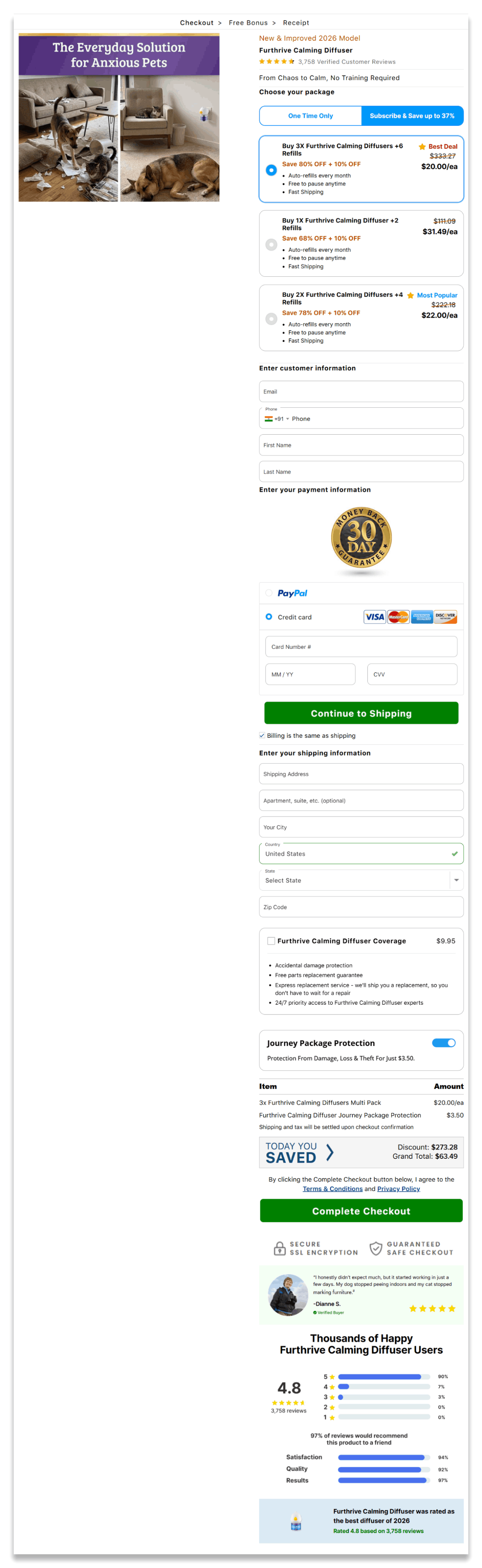Furthrive Calming Diffuser checkout page